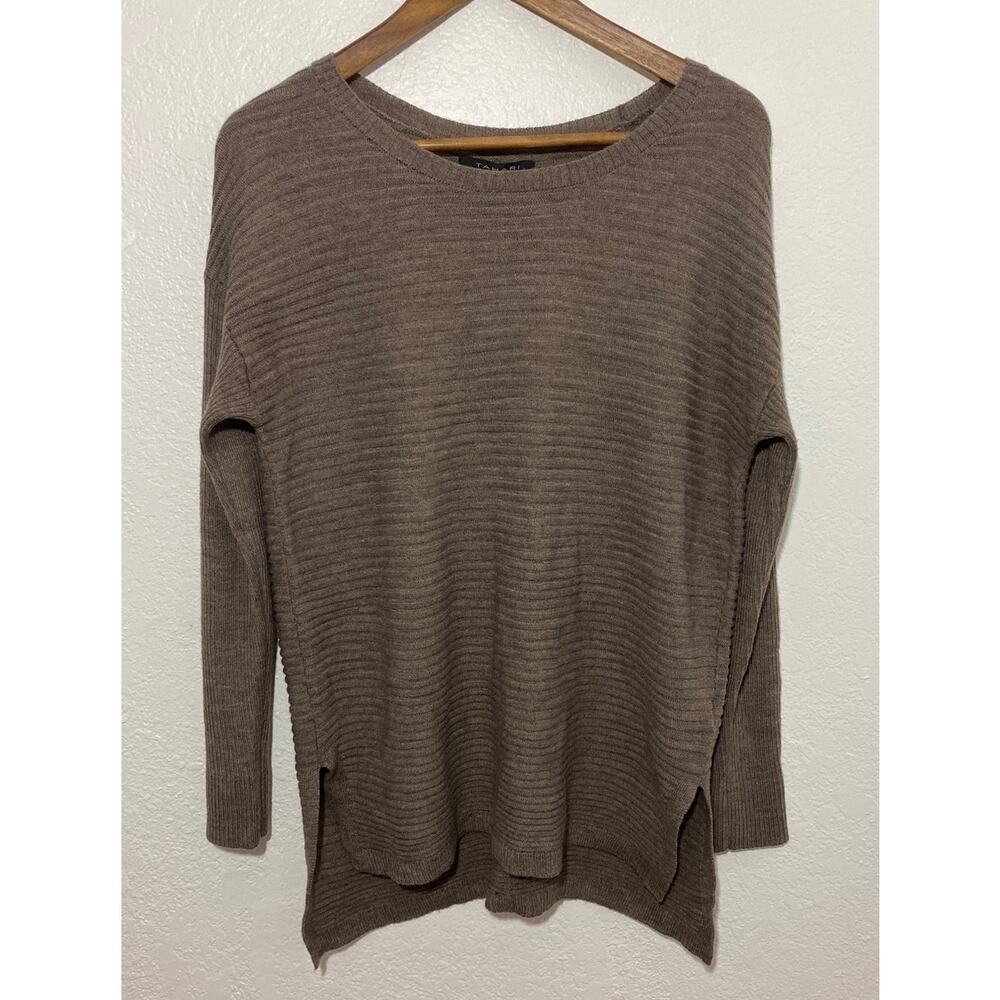 Tahari Large Brown Tunic Stripe Hi-Low Sweater Wool Blend Back Button Minimalist